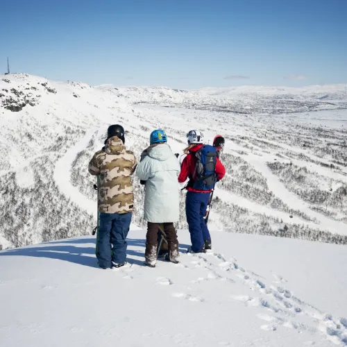 Tre personer med slalomski og snowboard står på Hovdenuten og skuer ut over alle bakkene på Hovden Alpinsenter. 